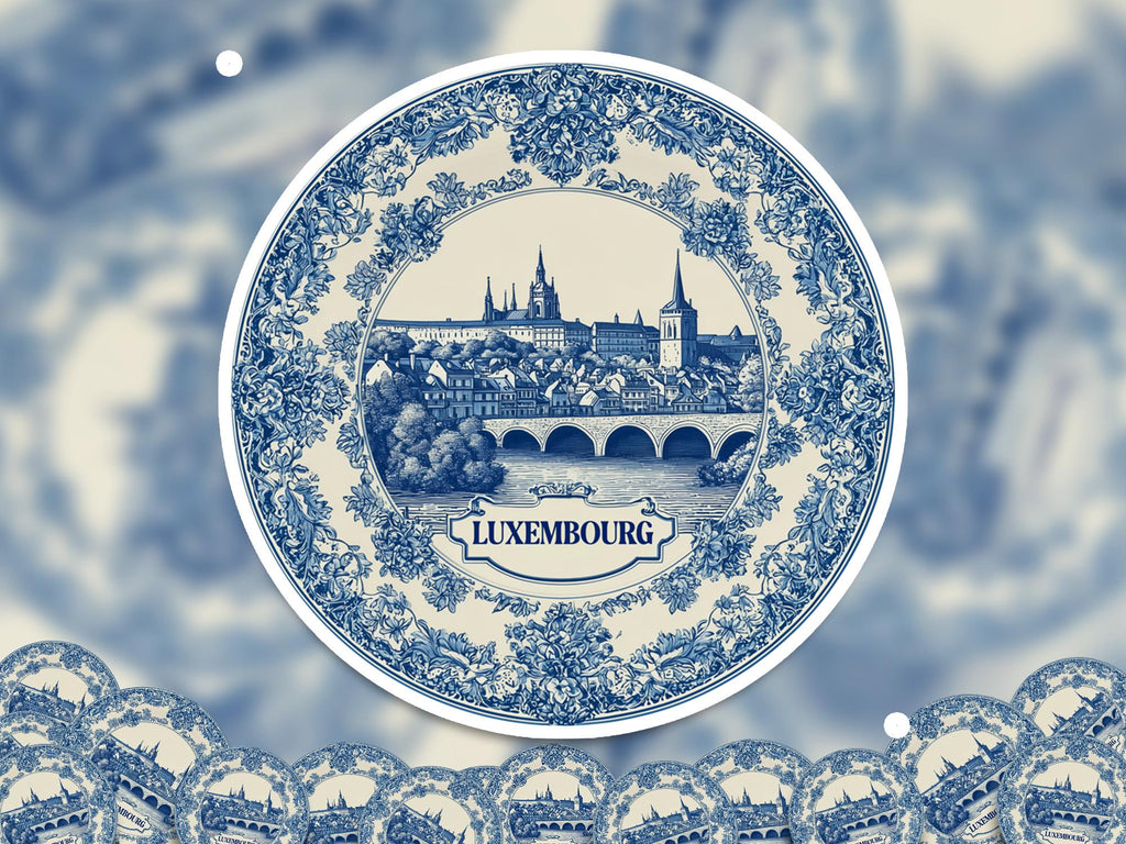 Luxembourg Sticker Vintage Delft style, Delftware Decal Waterproof Vinyl, Blue City Travel