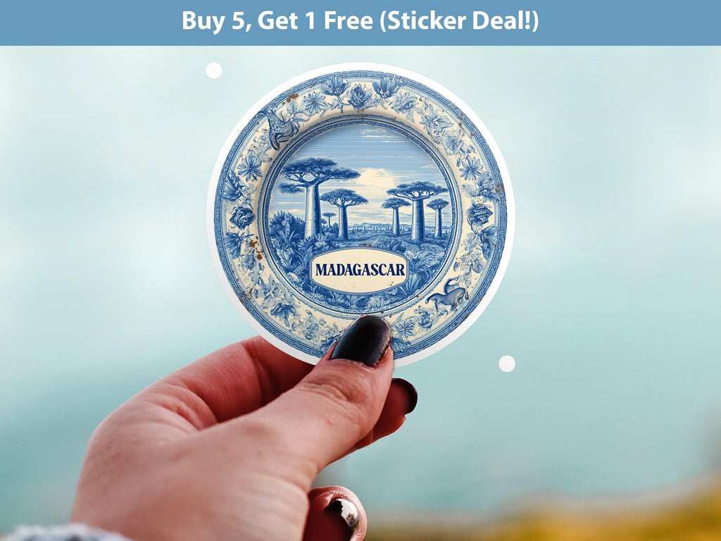 Madagascar Sticker Vintage Delft style, Delftware Decal Waterproof Vinyl, Blue City Travel