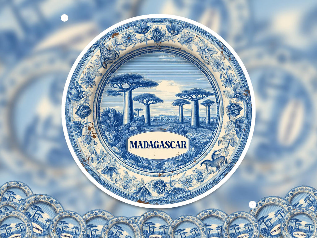 Madagascar Sticker Vintage Delft style, Delftware Decal Waterproof Vinyl, Blue City Travel