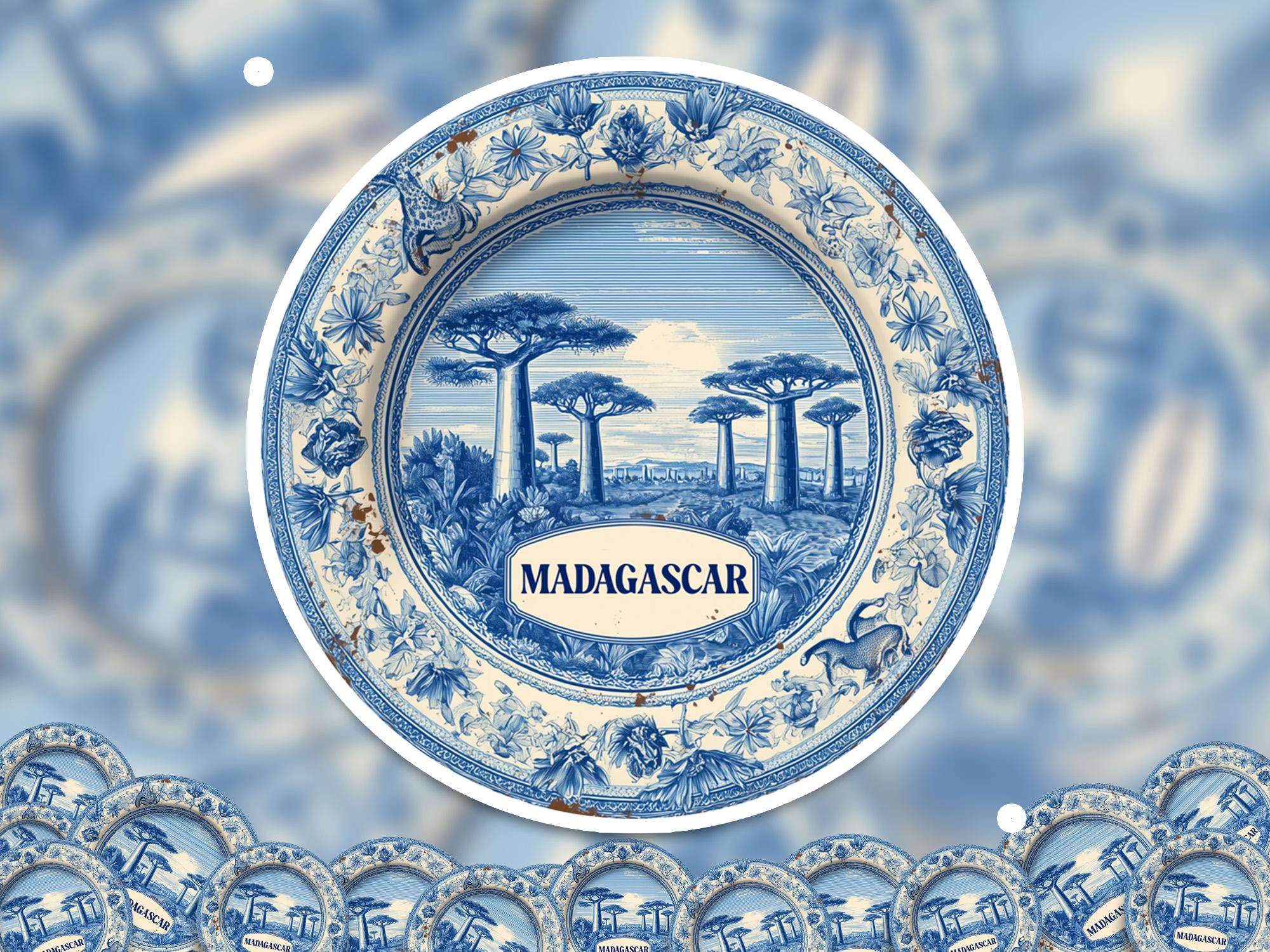 Madagascar Sticker Vintage Delft style, Delftware Decal Waterproof Vinyl, Blue City Travel