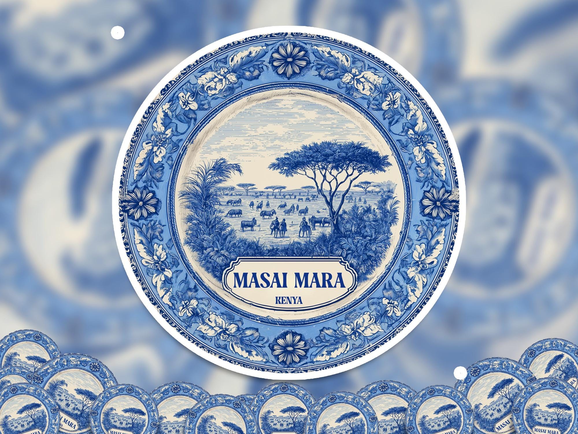 Masai Mara Kenya Sticker Vintage Delft style, Delftware Decal Waterproof Vinyl, Blue City Travel