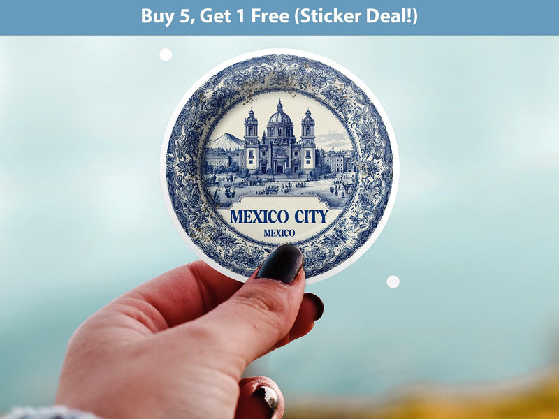 Mexico City Mexico Sticker Vintage Delft style, Delftware Decal Waterproof Vinyl, Blue City Travel