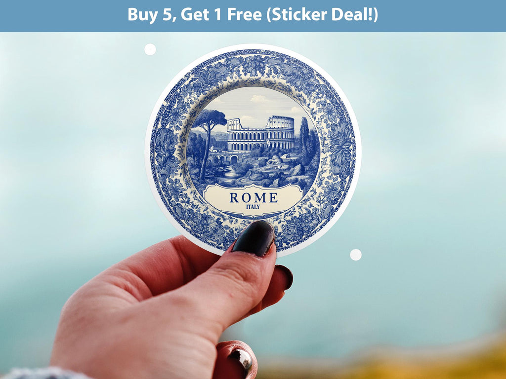 Rome Italy Sticker Vintage Delft style, Delftware Decal Waterproof Vinyl, Blue City Travel