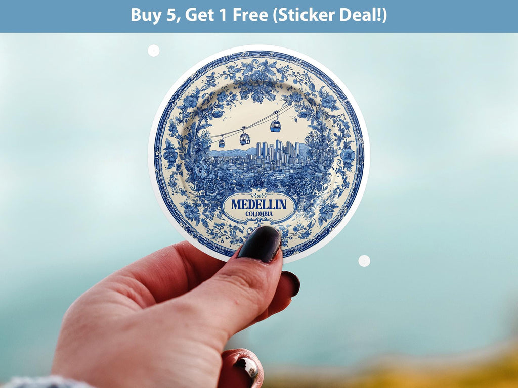 Medellin Colombia Sticker Vintage Delft style, Delftware Decal Waterproof Vinyl, Blue City Travel