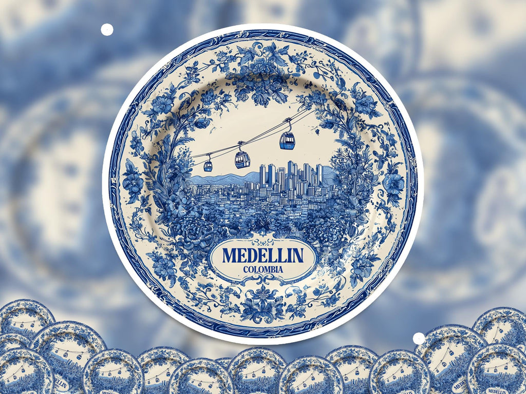 Medellin Colombia Sticker Vintage Delft style, Delftware Decal Waterproof Vinyl, Blue City Travel