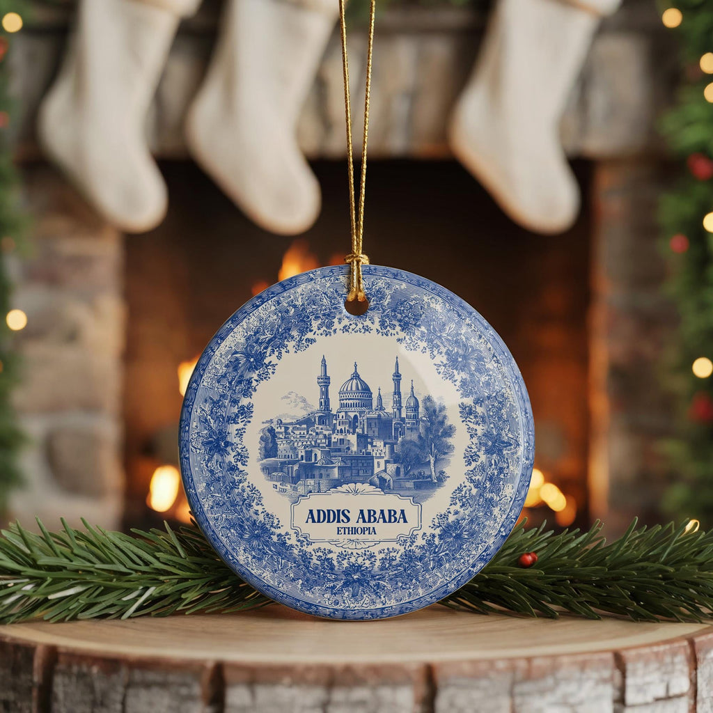 Custom Addis Ababa Ethiopia Ceramic Delft Ornament, Christmas Delftware Blue Delftware city travel