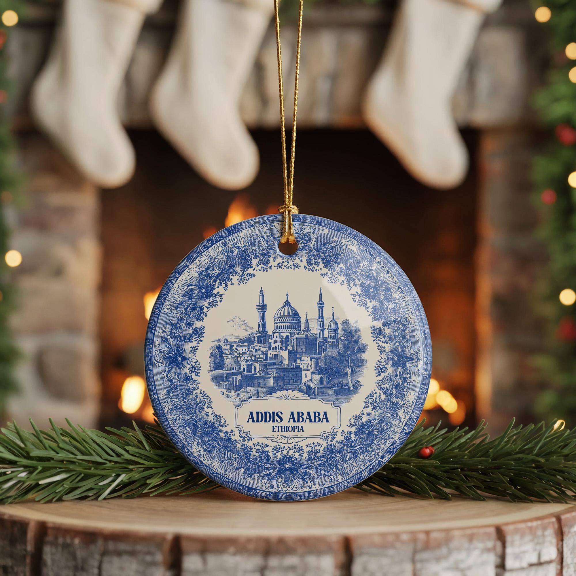 Custom Addis Ababa Ethiopia Ceramic Delft Ornament, Christmas Delftware Blue Delftware city travel