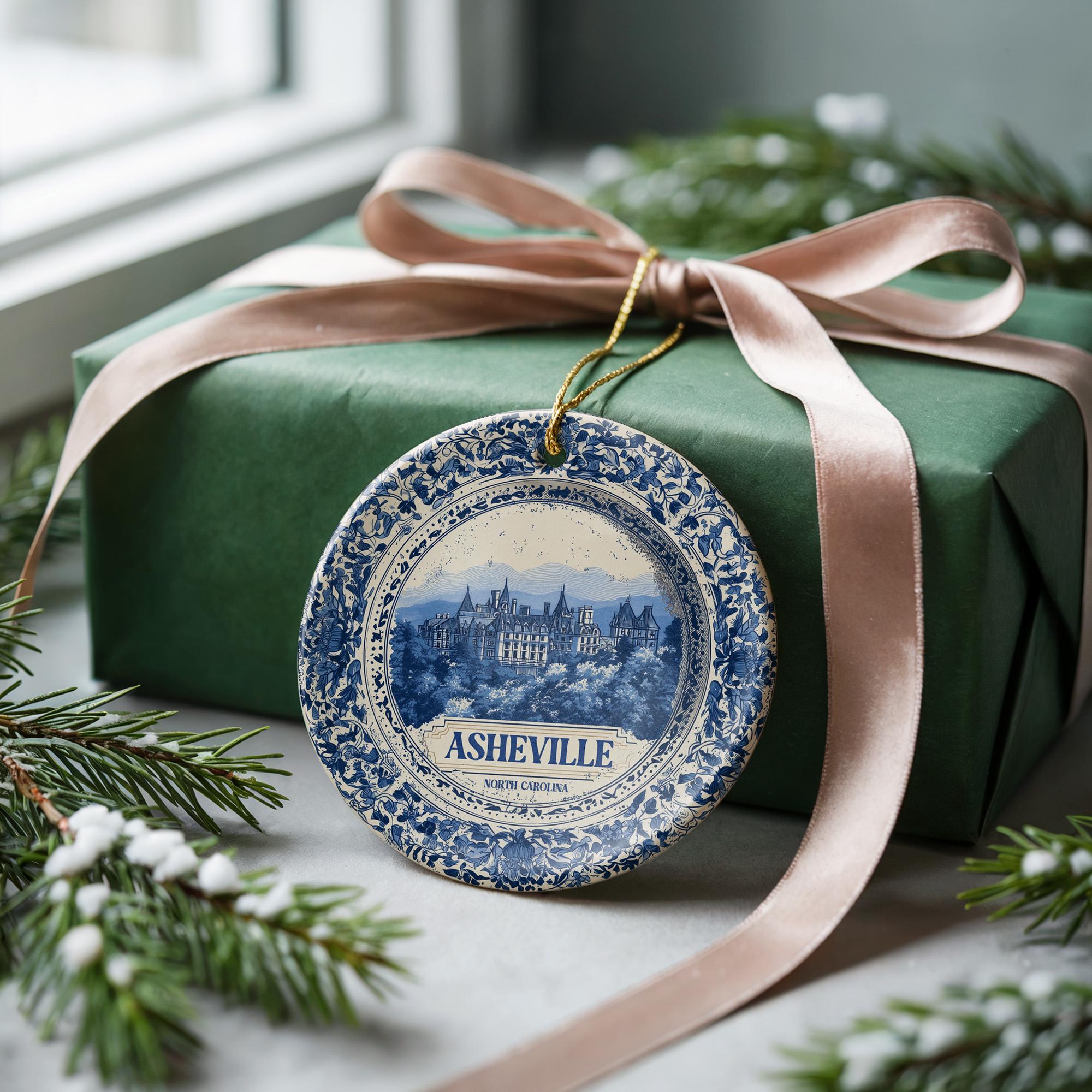 Custom Asheville North Carolina Ceramic Delft Ornament, Christmas Delftware Blue Delftware city travel