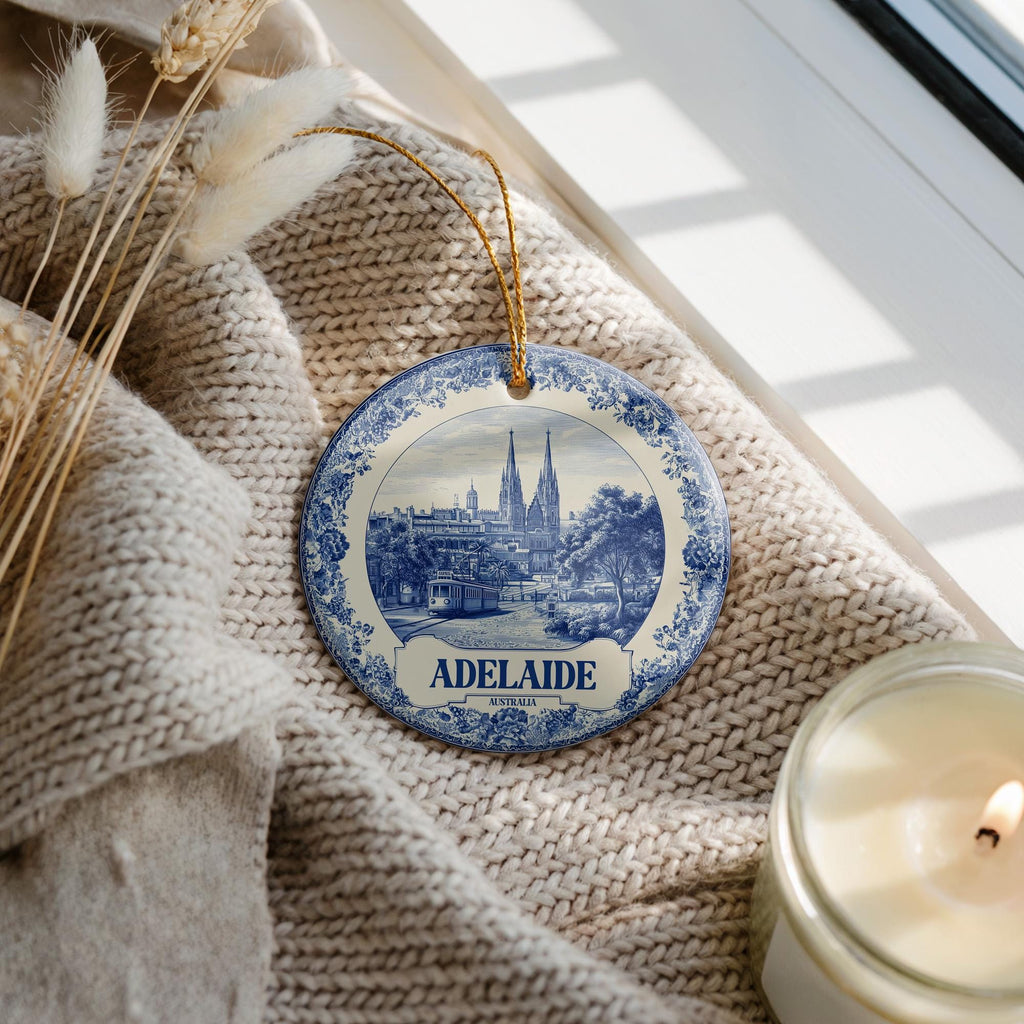 Custom Adelaide Australia Ceramic Delft Ornament, Christmas Delftware Blue Delftware city travel