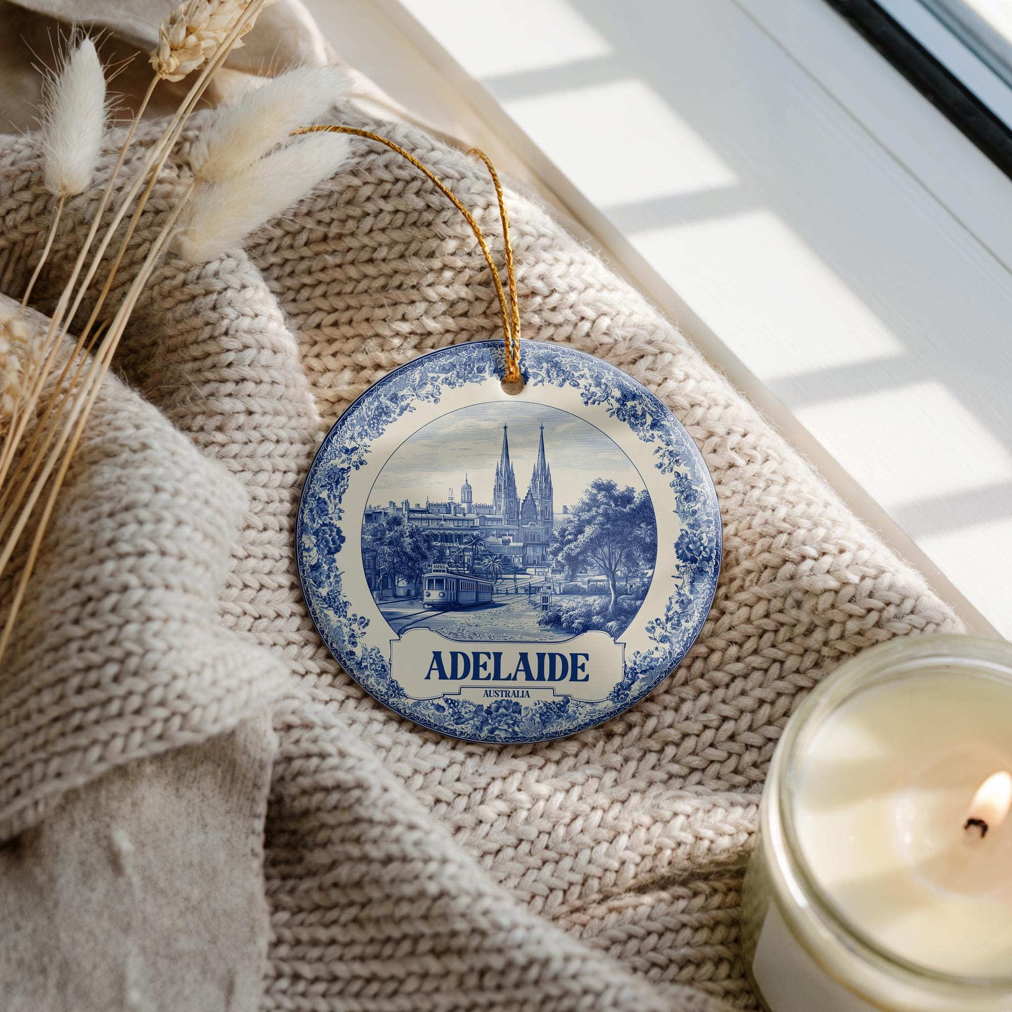 Custom Adelaide Australia Ceramic Delft Ornament, Christmas Delftware Blue Delftware city travel