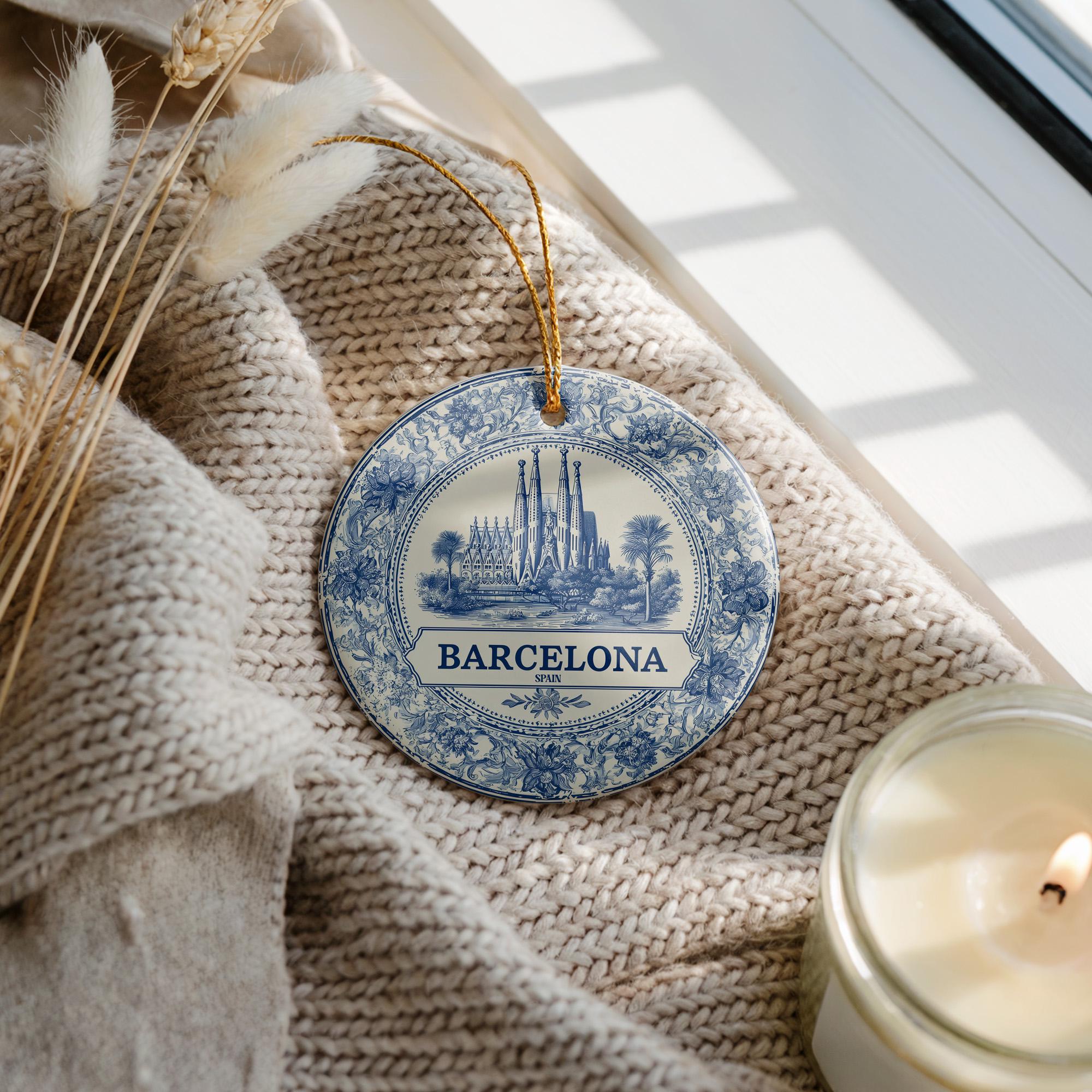Custom Barcelona Spain Ceramic Delft Ornament, Christmas Delftware Blue Delftware city travel