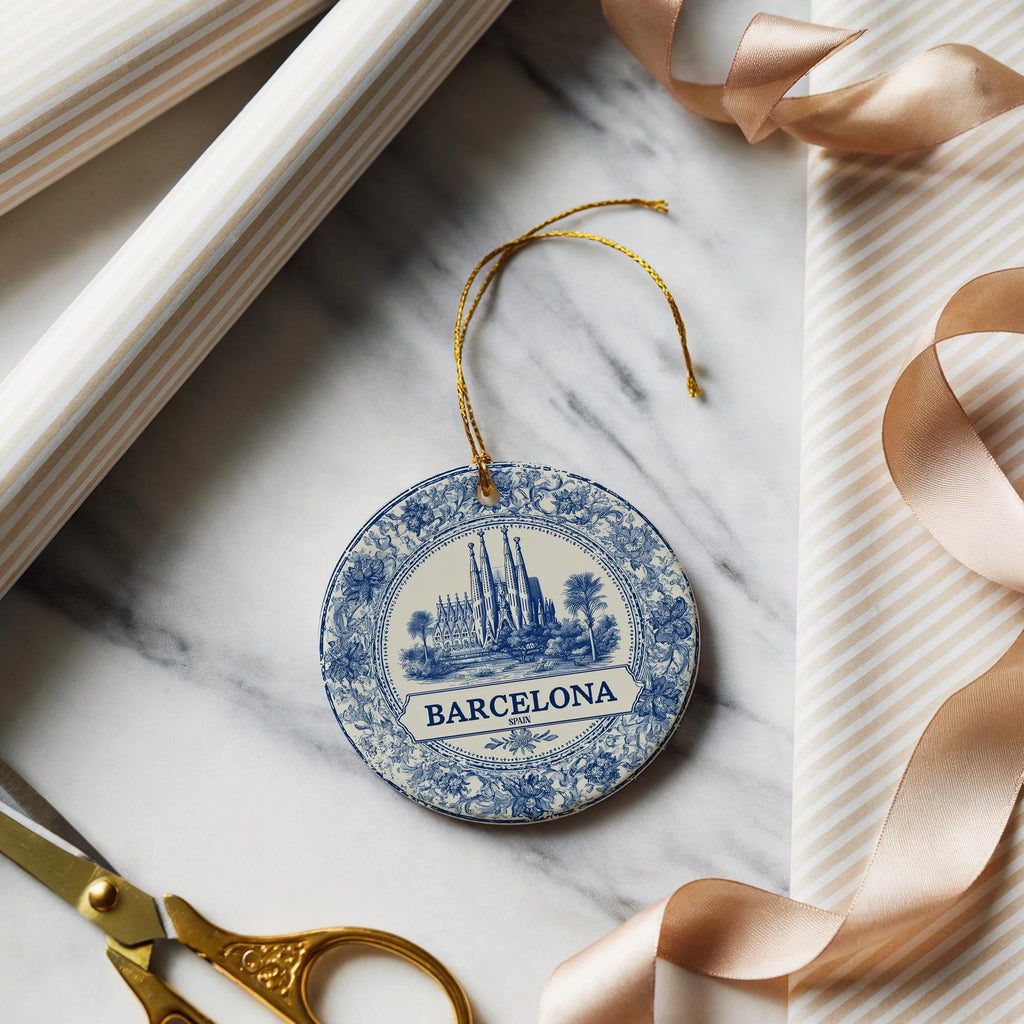 Custom Barcelona Spain Ceramic Delft Ornament, Christmas Delftware Blue Delftware city travel