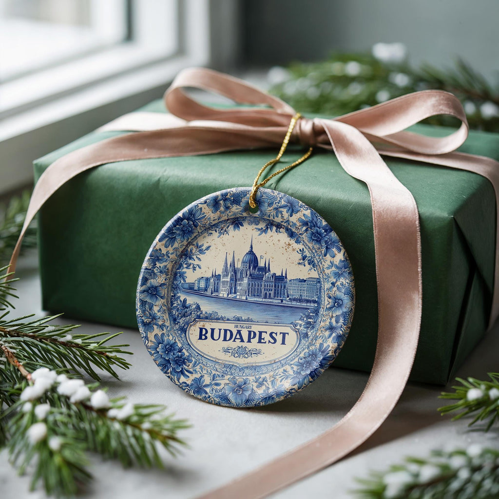Custom Budapest Hungary Ceramic Delft Ornament, Christmas Delftware Blue Delftware city travel