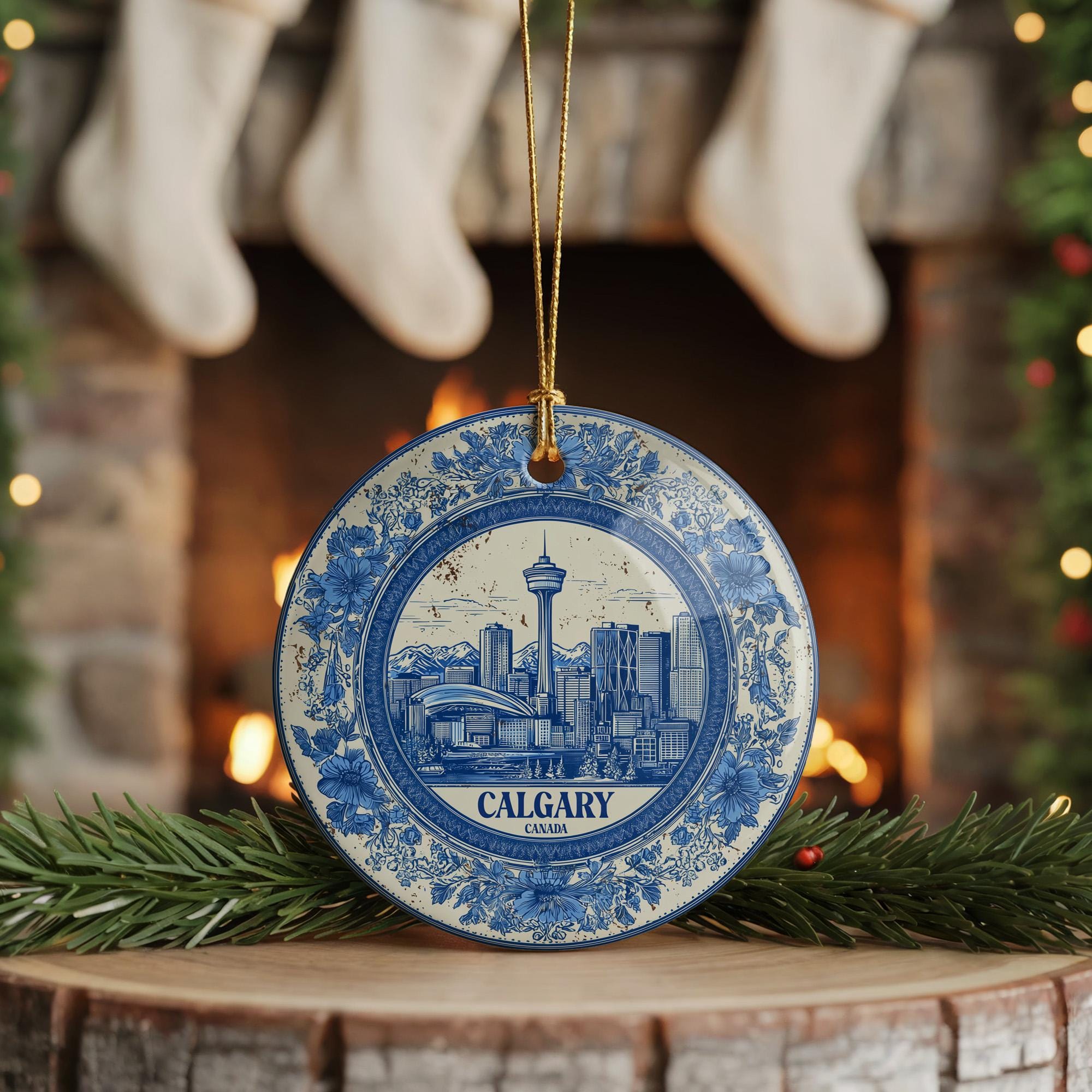 Custom Calgary Canada Ceramic Delft Ornament, Christmas Delftware Blue Delftware city travel