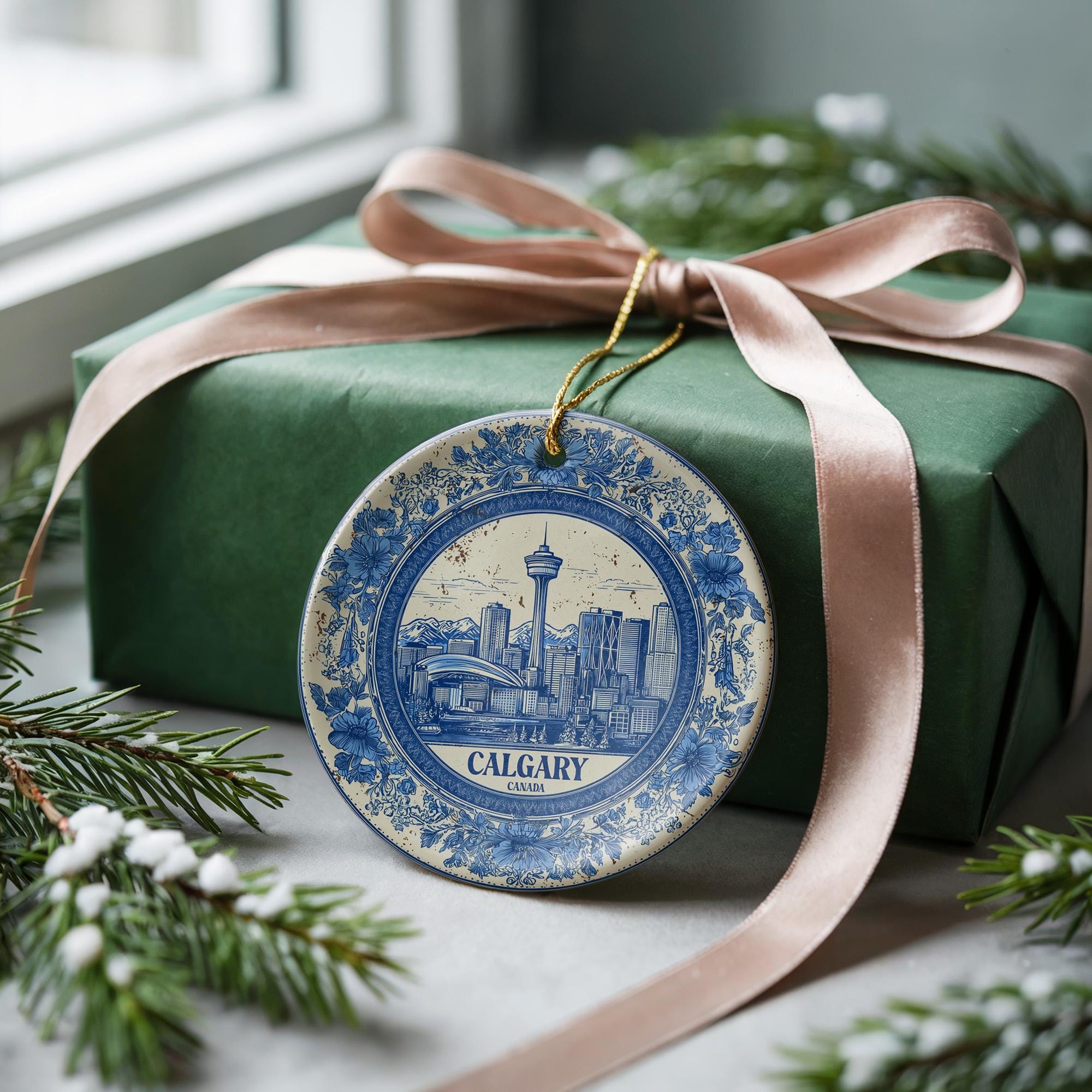 Custom Calgary Canada Ceramic Delft Ornament, Christmas Delftware Blue Delftware city travel