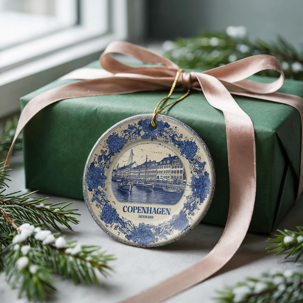 Custom Copenhagen Denmark Ceramic Delft Ornament, Christmas Delftware Blue Delftware city travel