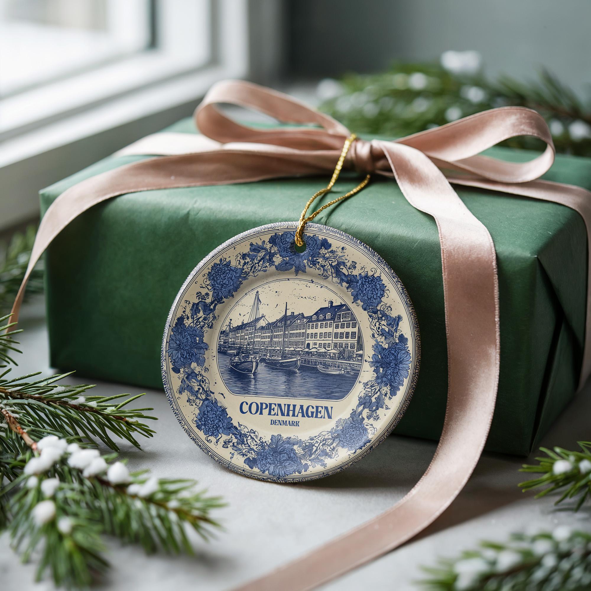 Custom Copenhagen Denmark Ceramic Delft Ornament, Christmas Delftware Blue Delftware city travel