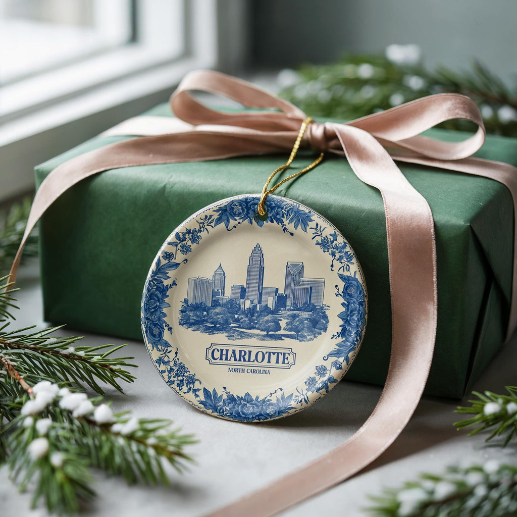 Custom Charlotte North Carolina Ceramic Delft Ornament, Christmas Delftware Blue Delftware city travel