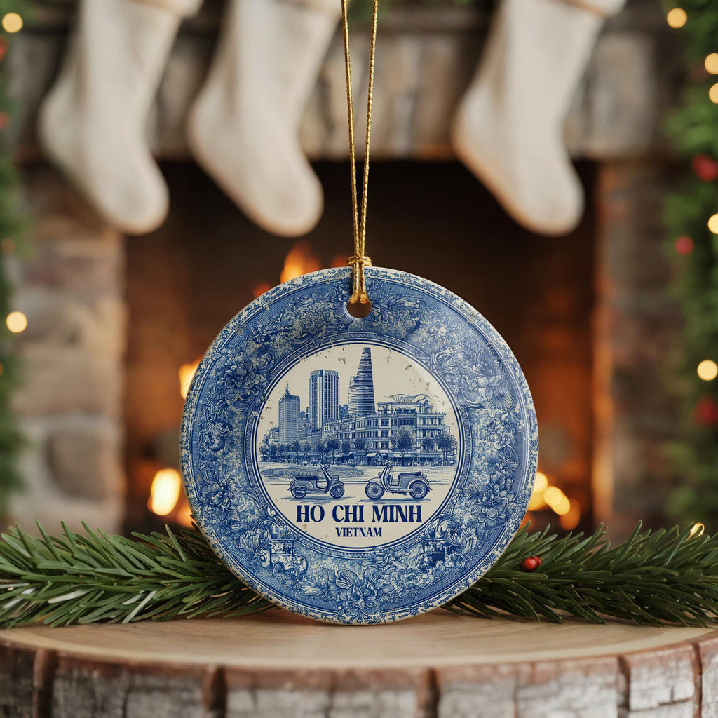 Ho Chi Minh City Christmas Ornament: Custom Delftware Ceramic Travel Keepsake