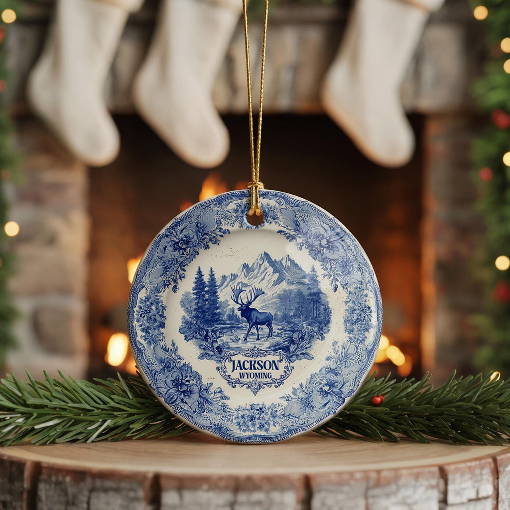 Custom Jackson Wyoming Ceramic Delft Ornament, Christmas Delftware Blue Delftware city travel