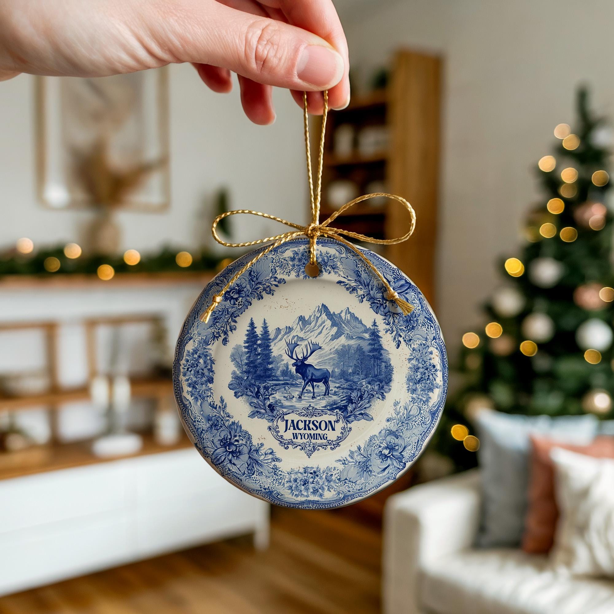 Custom Jackson Wyoming Ceramic Delft Ornament, Christmas Delftware Blue Delftware city travel