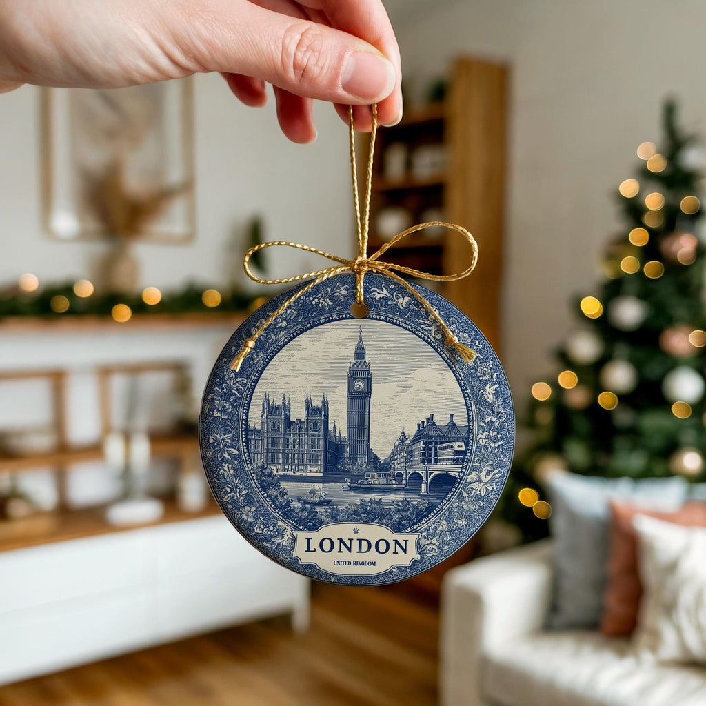 Custom London UK Ceramic Delft Ornament, Christmas Delftware Blue Delftware city travel