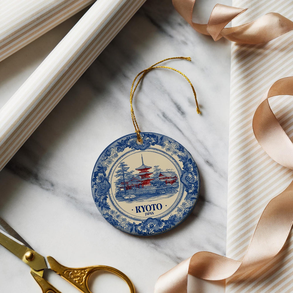 Custom Kyoto Japan Ceramic Delft Ornament, Christmas Delftware Blue Delftware city travel