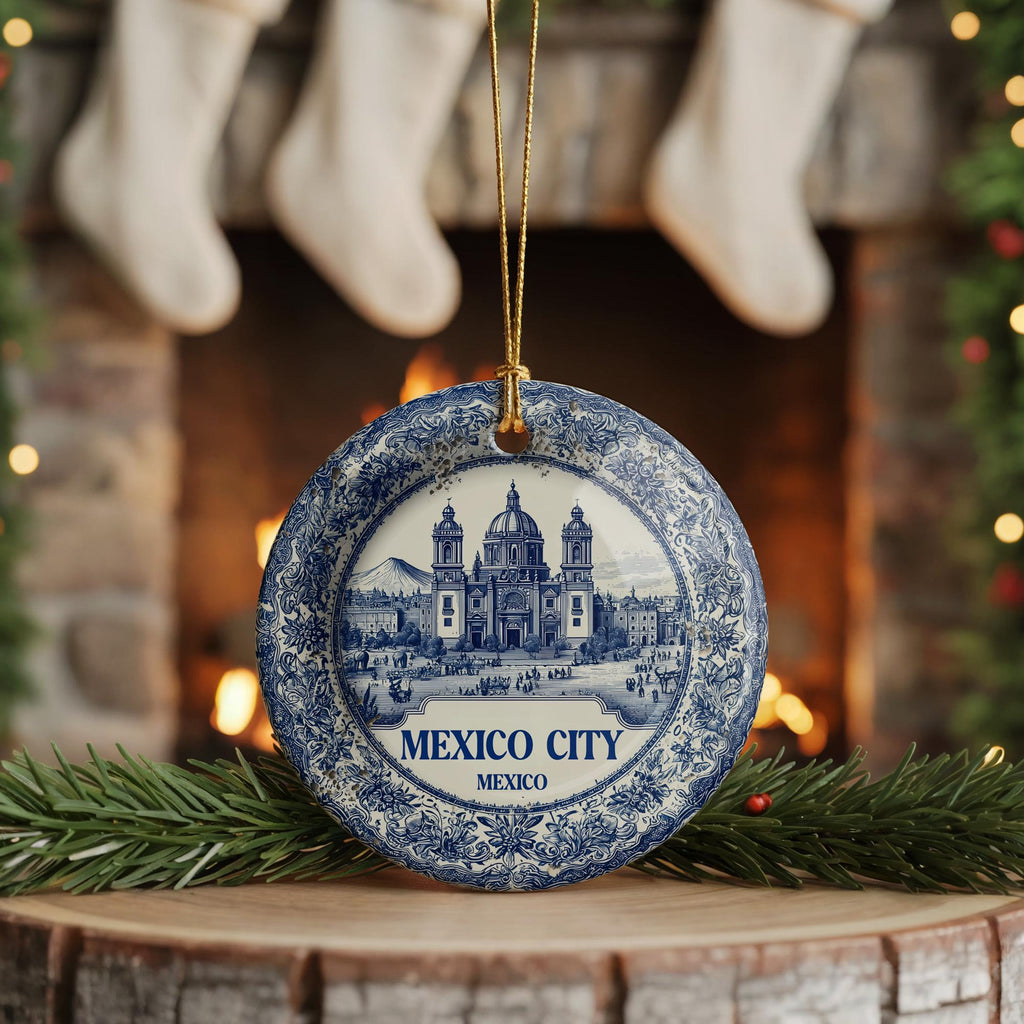 Custom Mexico City Ceramic Christmas Ornament: Delftware Travel Keepsake