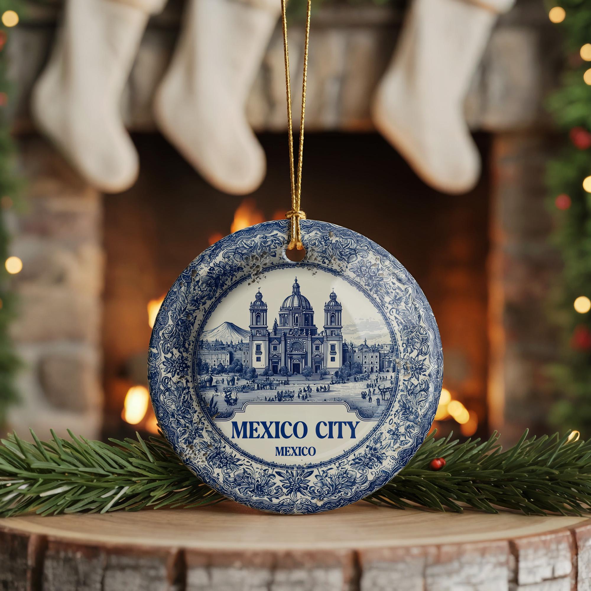 Custom Mexico City Ceramic Christmas Ornament: Delftware Travel Keepsake