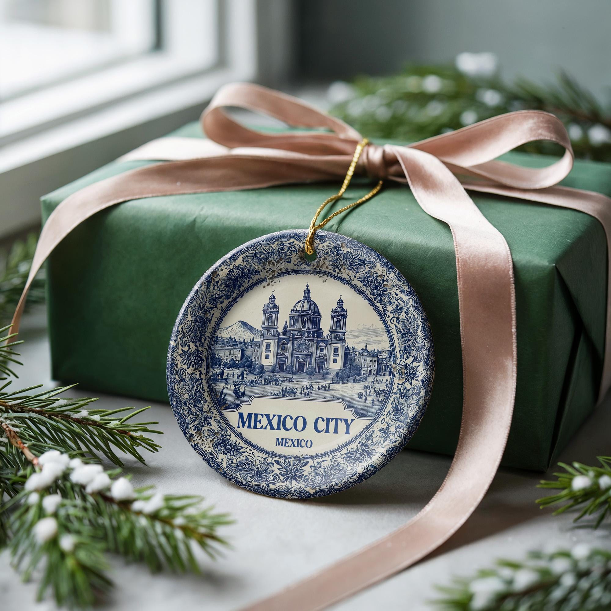 Custom Mexico City Ceramic Christmas Ornament: Delftware Travel Keepsake