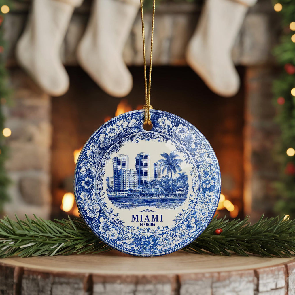 Custom Miami Florida Ceramic Delft Ornament, Christmas Delftware Blue Delftware city travel