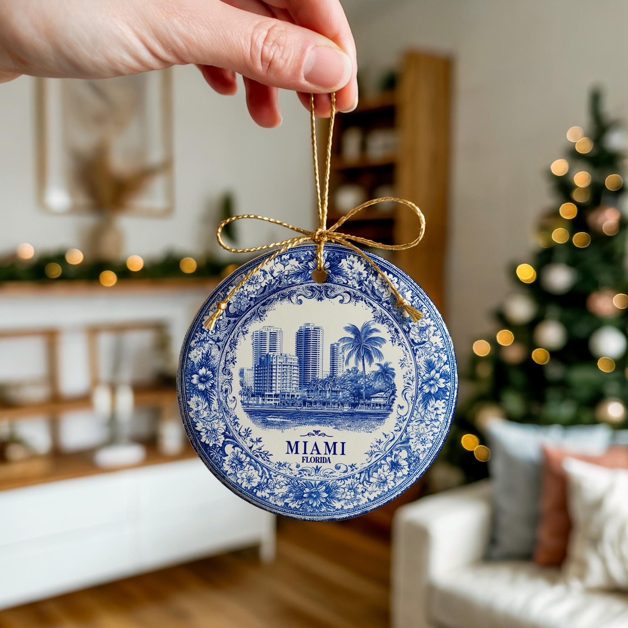 Custom Miami Florida Ceramic Delft Ornament, Christmas Delftware Blue Delftware city travel