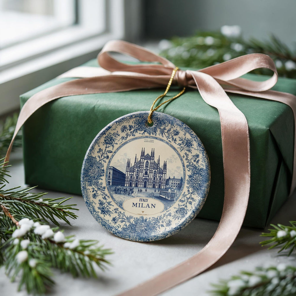 Custom Milan Italy Ceramic Delft Ornament, Christmas Delftware Blue Delftware city travel