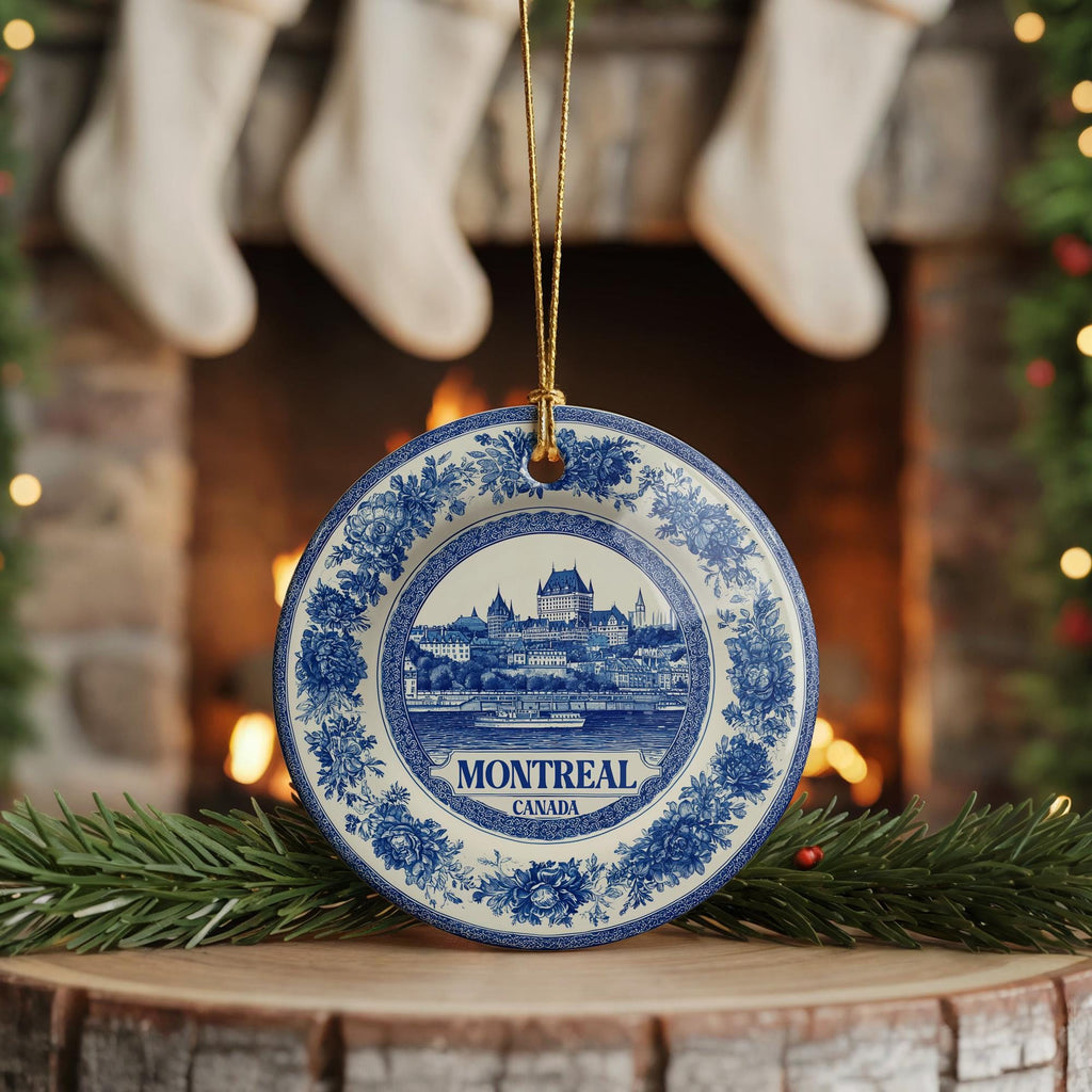 Custom Montreal Canada Ceramic Delft Ornament, Christmas Delftware Blue Delftware city travel