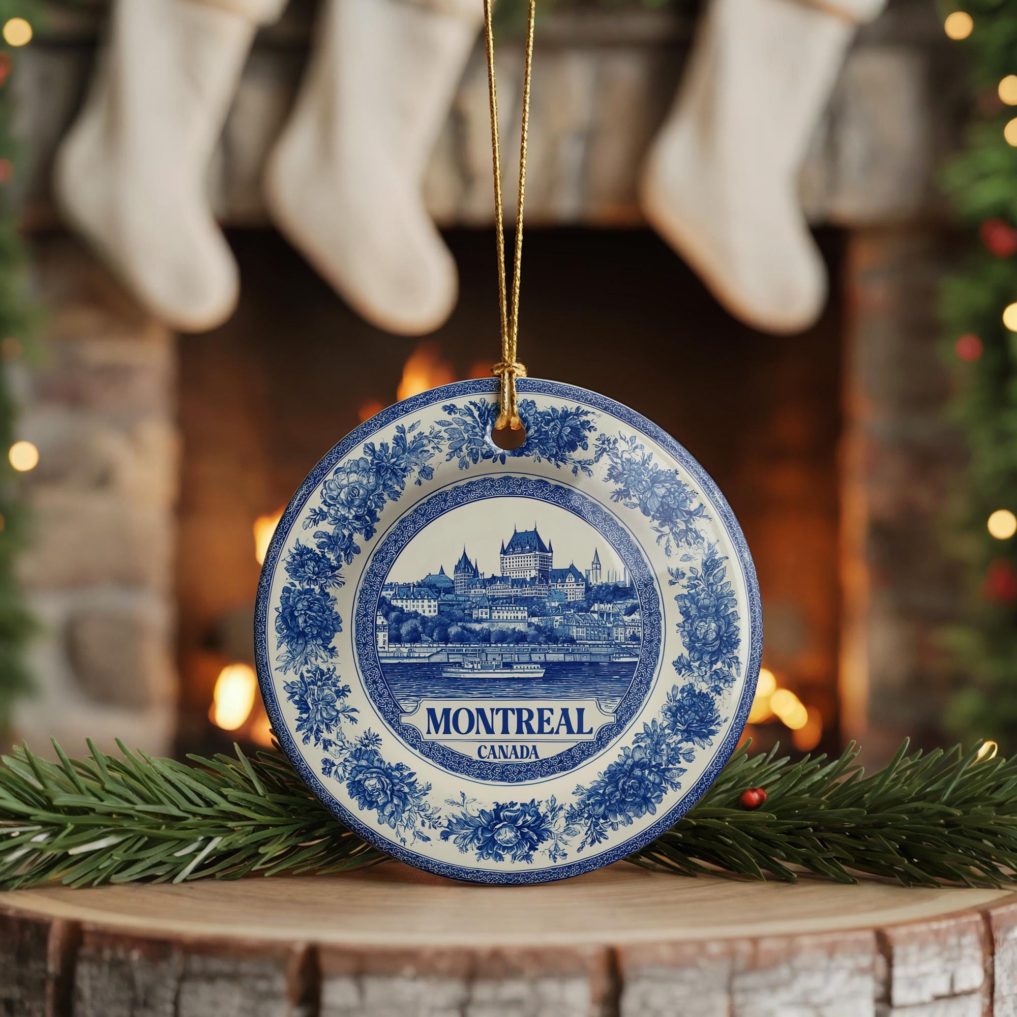 Custom Montreal Canada Ceramic Delft Ornament, Christmas Delftware Blue Delftware city travel