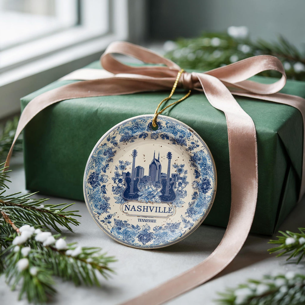 Custom Nashville Tennessee Ceramic Delft Ornament, Christmas Delftware Blue Delftware city travel