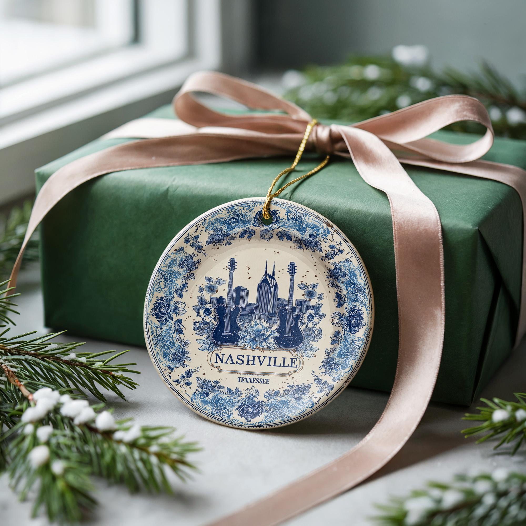 Custom Nashville Tennessee Ceramic Delft Ornament, Christmas Delftware Blue Delftware city travel