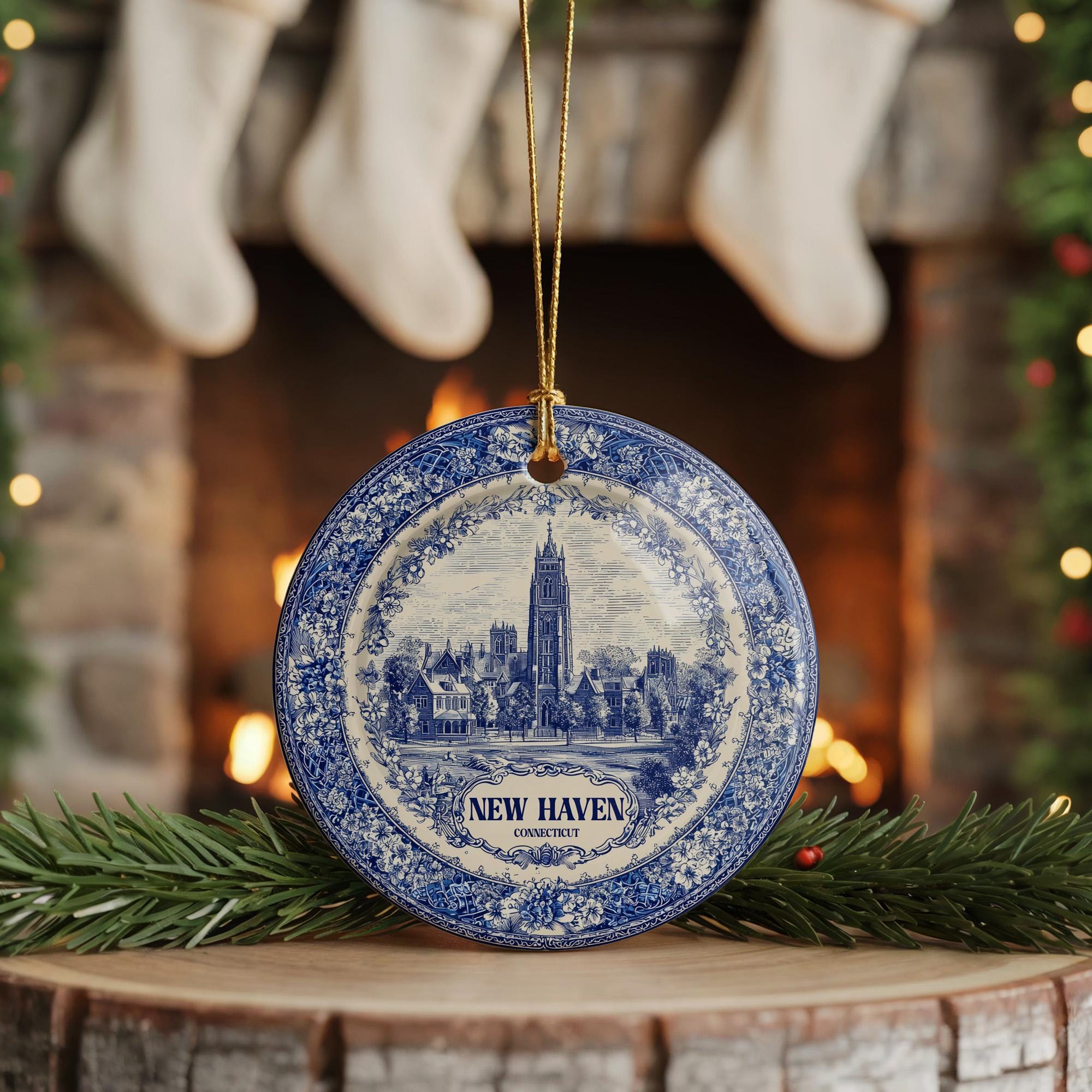 Custom New Haven Connecticut Ceramic Delft Ornament, Christmas Delftware Blue Delftware city travel