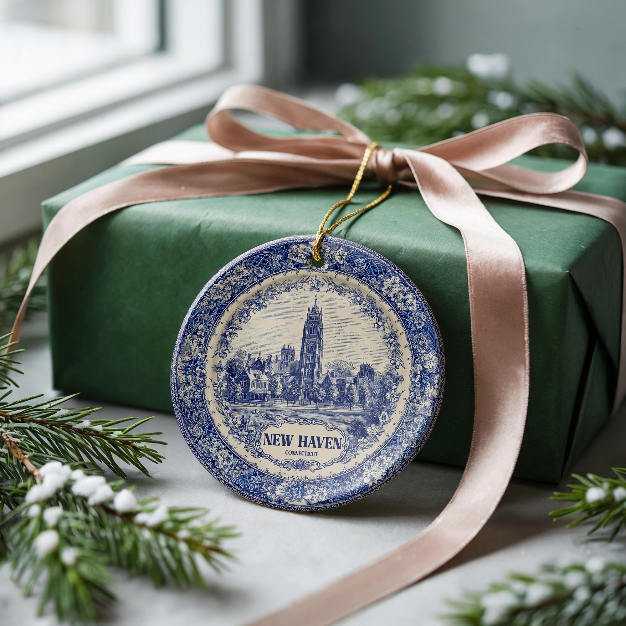 Custom New Haven Connecticut Ceramic Delft Ornament, Christmas Delftware Blue Delftware city travel