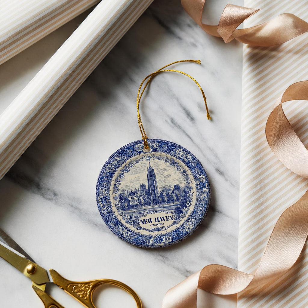 Custom New Haven Connecticut Ceramic Delft Ornament, Christmas Delftware Blue Delftware city travel
