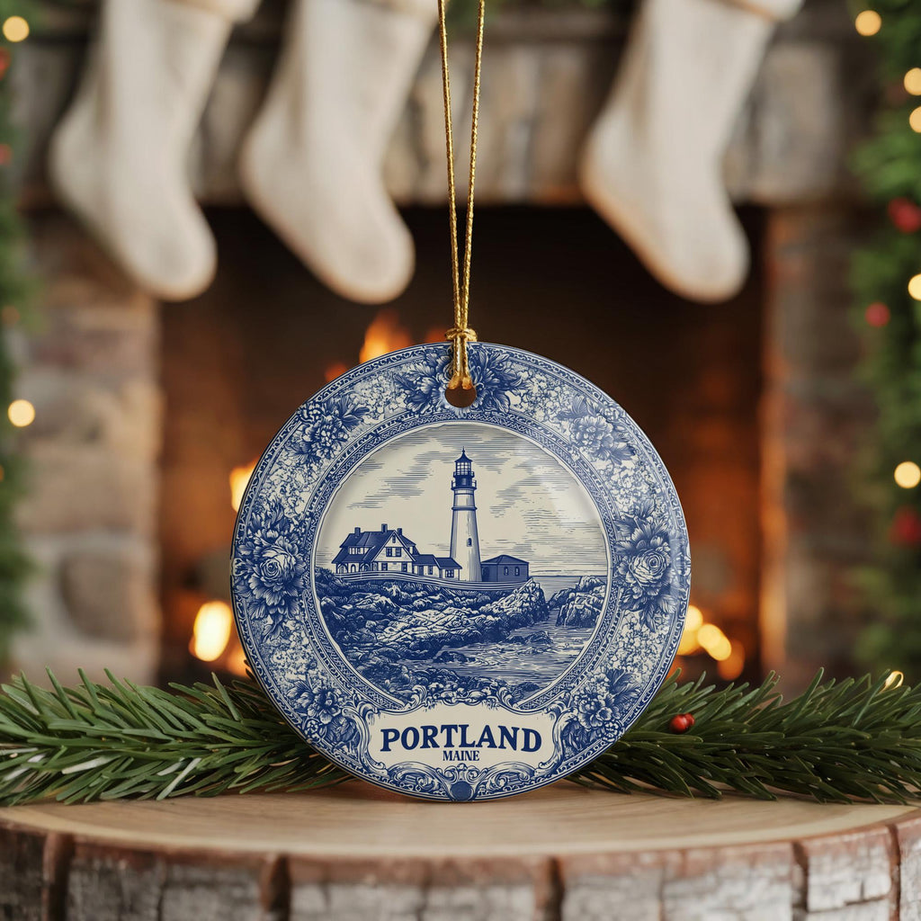Custom Portland Maine Ceramic Delft Ornament, Christmas Delftware Blue Delftware city travel