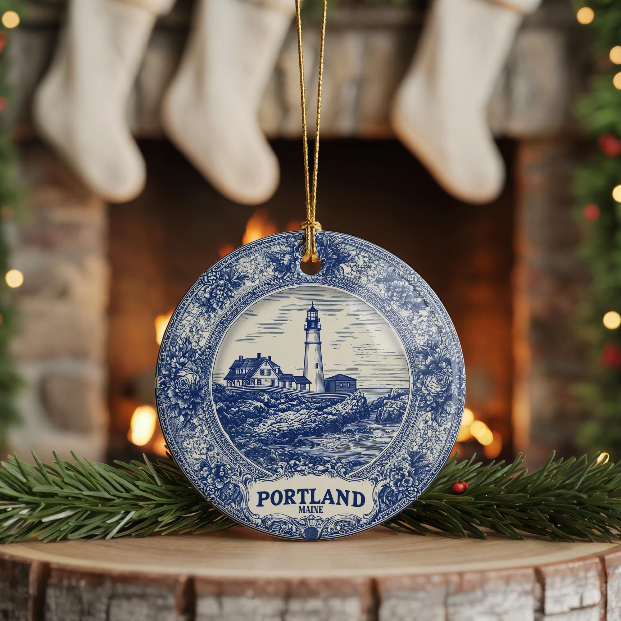 Custom Portland Maine Ceramic Delft Ornament, Christmas Delftware Blue Delftware city travel