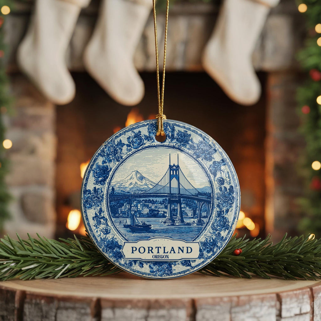 Custom Portland Oregon Ceramic Delft Ornament, Christmas Delftware Blue Delftware city travel