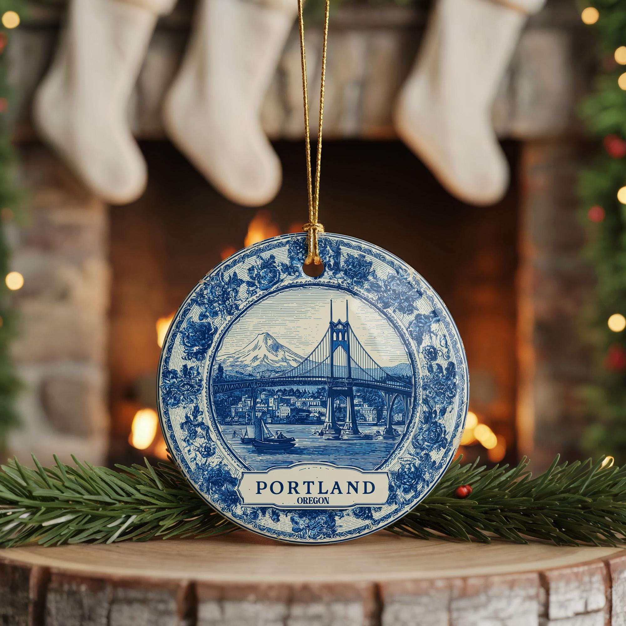 Custom Portland Oregon Ceramic Delft Ornament, Christmas Delftware Blue Delftware city travel