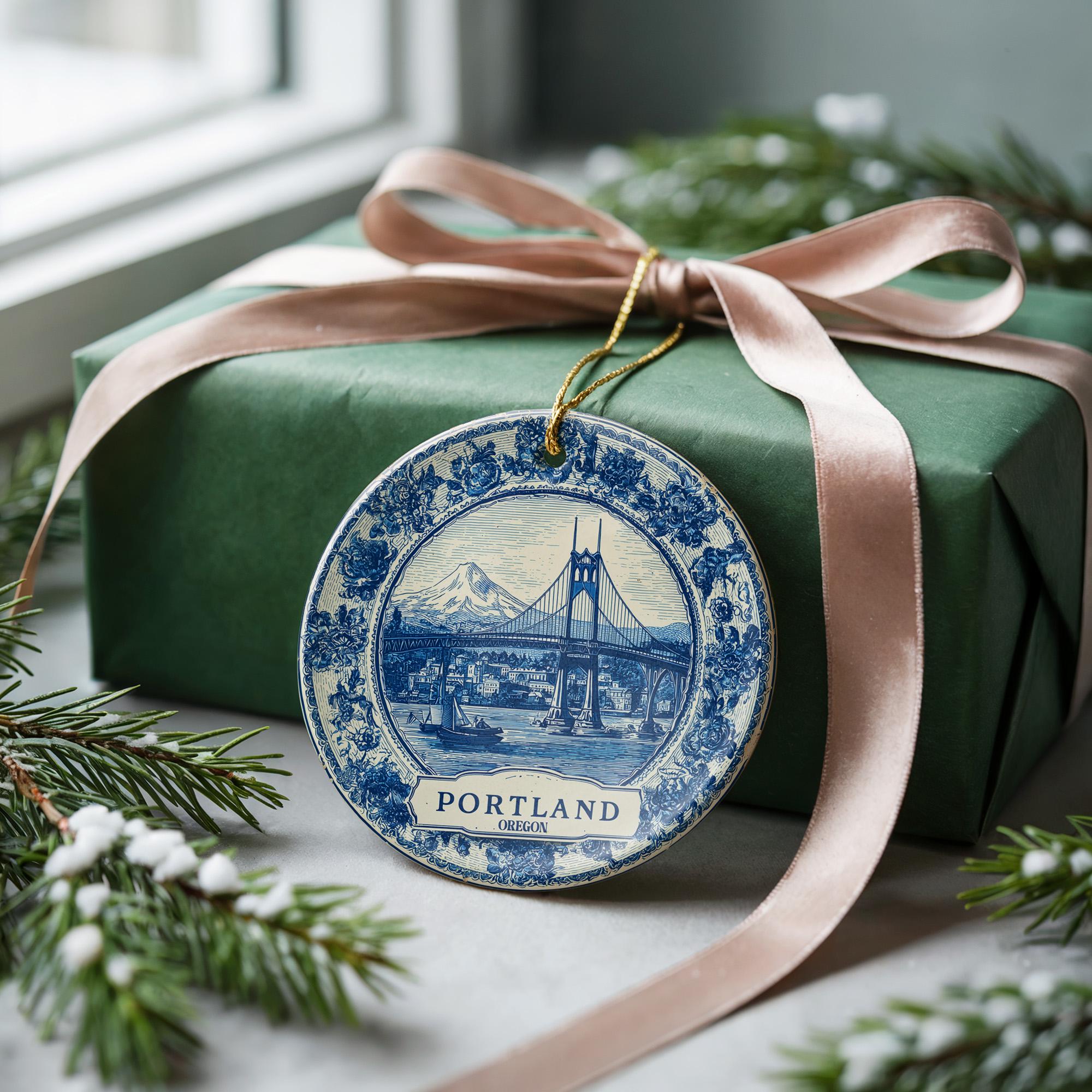 Custom Portland Oregon Ceramic Delft Ornament, Christmas Delftware Blue Delftware city travel