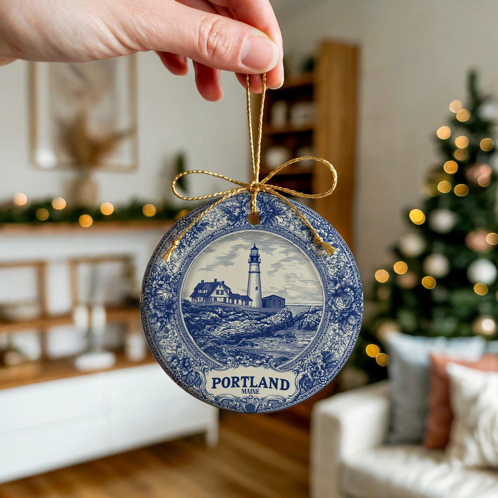 Custom Portland Maine Ceramic Delft Ornament, Christmas Delftware Blue Delftware city travel