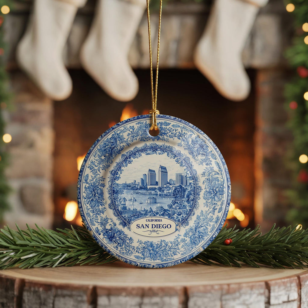Custom San Diego California Ceramic Delft Ornament, Christmas Delftware Blue Delftware city travel