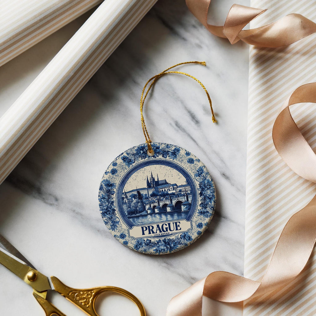 Custom Prague Czech Republic Ceramic Delft Ornament, Christmas Delftware Blue Delftware city travel