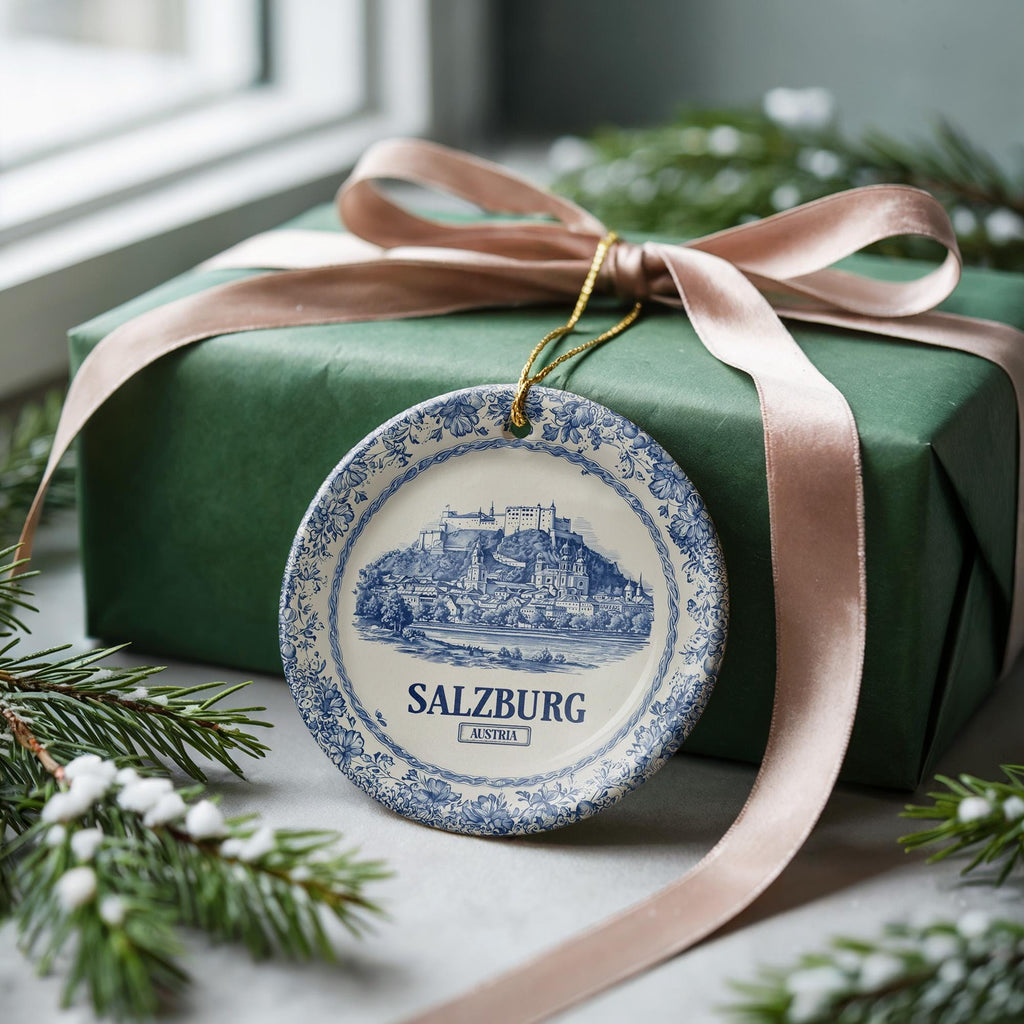 Custom Salzburg Austria Ceramic Delft Ornament, Christmas Delftware Blue Delftware city travel