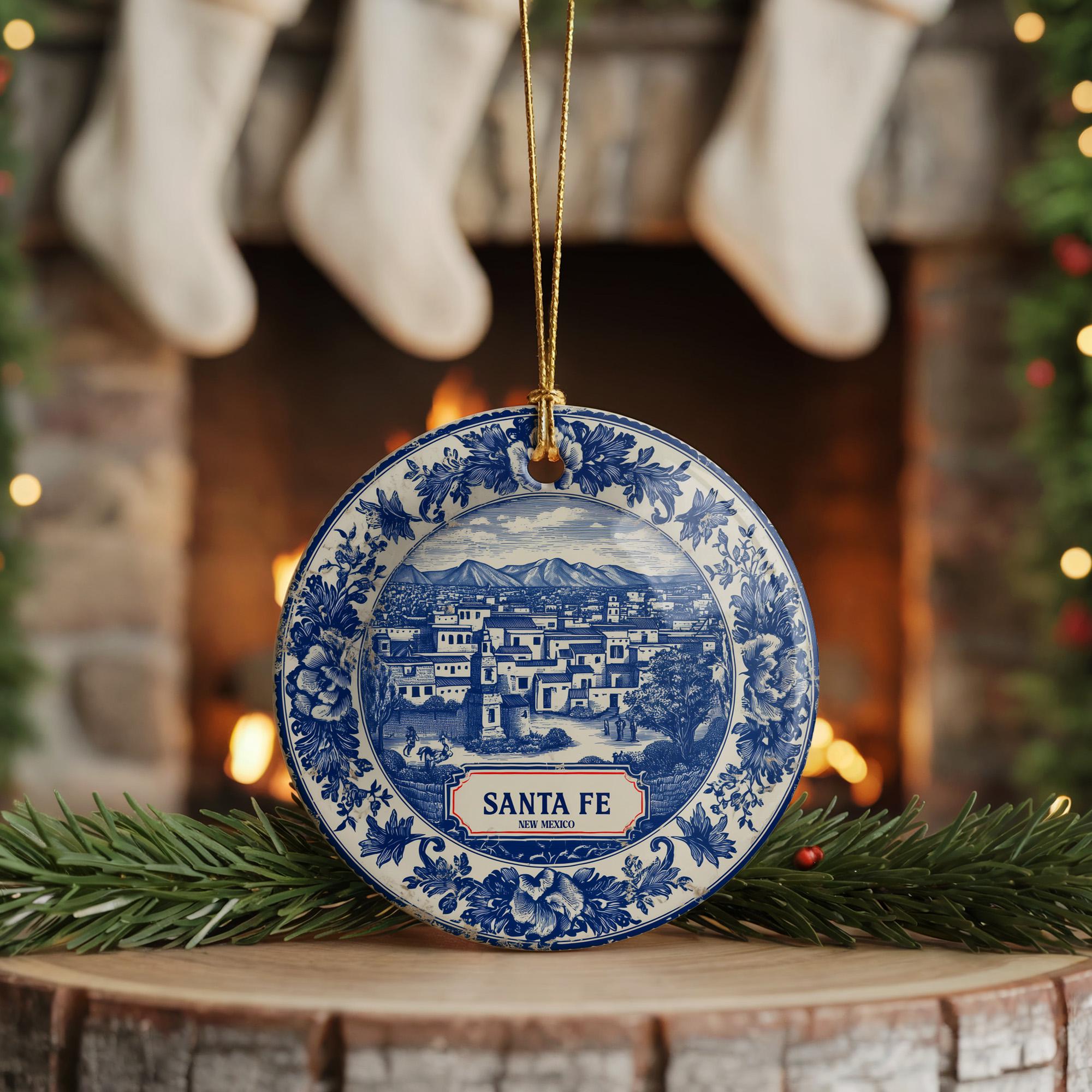 Custom Santa Fe New Mexico Ceramic Delft Ornament, Christmas Delftware Blue Delftware city travel